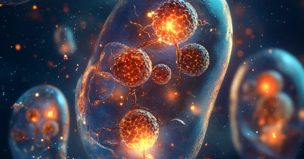 Close-up of human cells highlighting mitochondria as the energy powerhouses.