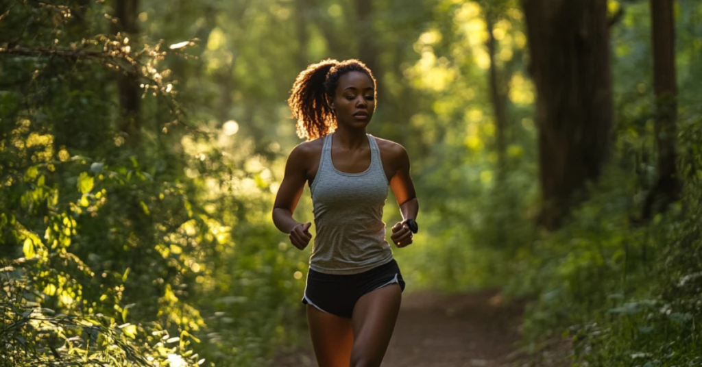 A person jogging on a forest trail, rejuvenating vigor and mental clarity through exercise.