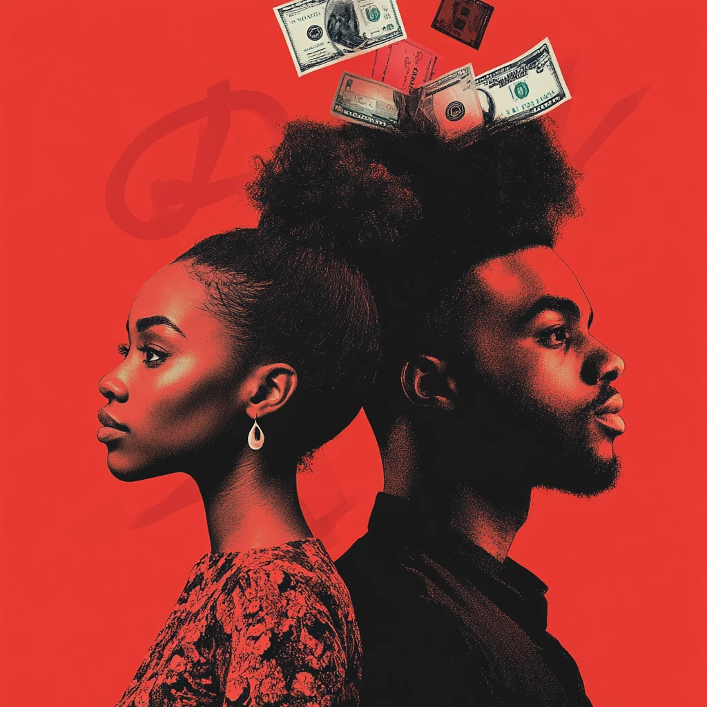 Artistic depiction of breaking the taboo around Money Talk with dollar bills and bold red tones.