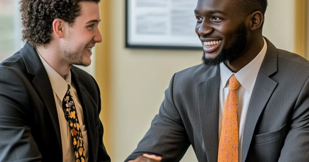 Young African American entrepreneur shaking hands with a financial advisor over a successful financial planning meeting, with growth charts on a tablet.