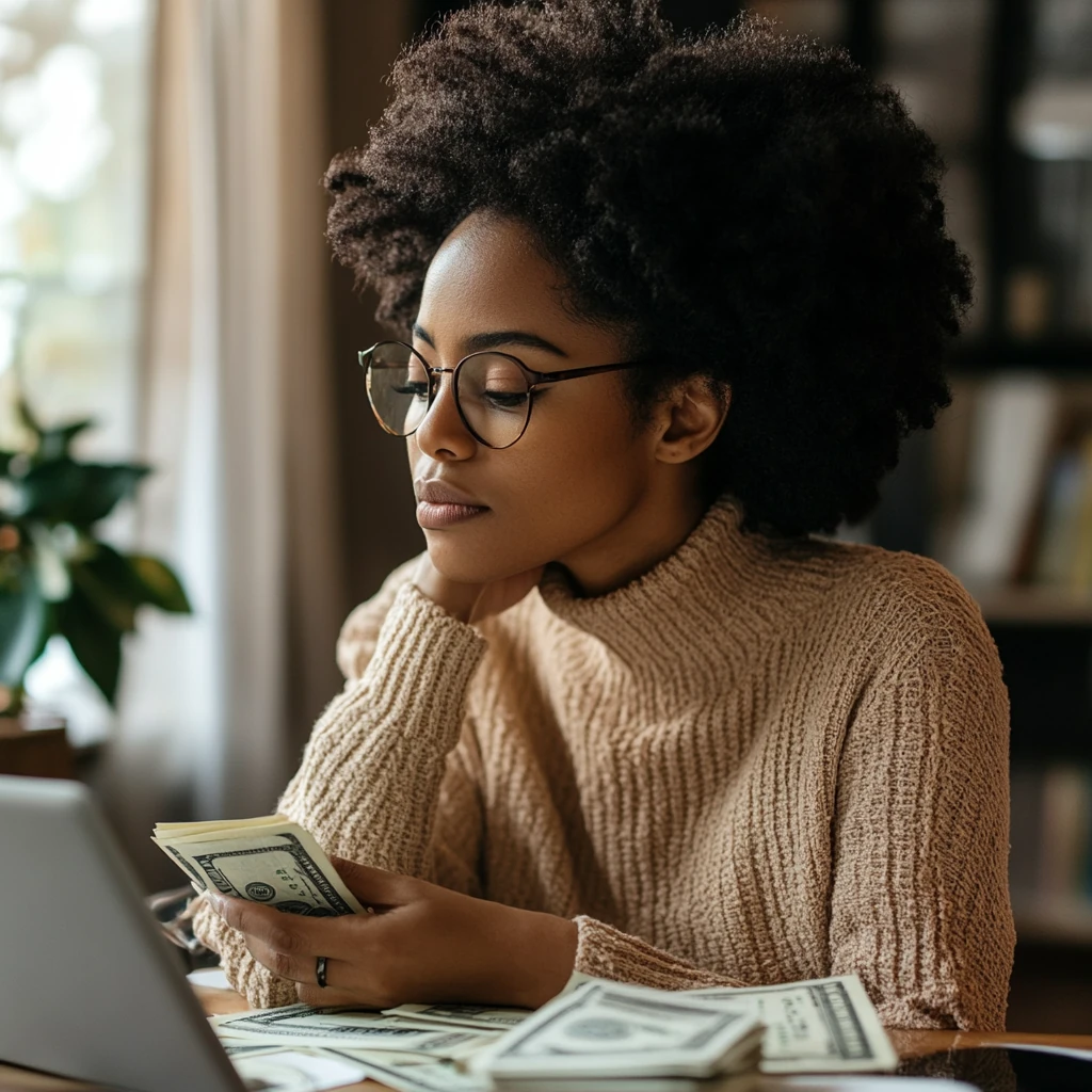 Woman counting cash and reflecting on financial goals, symbolizing the empowerment of open money talk.