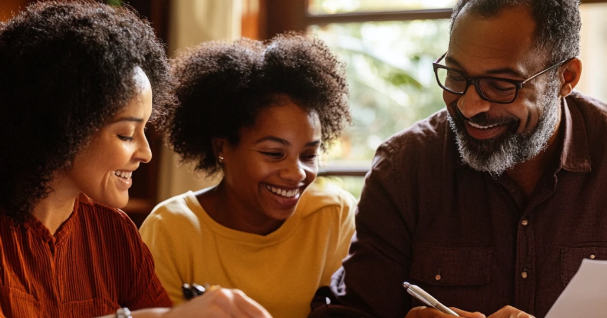 Smiling African American family reviewing financial plans together at home, symbolizing collaboration in budgeting and financial literacy.