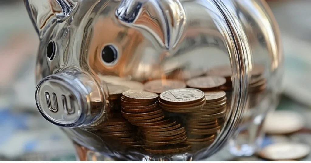 Transparent piggy bank filled with coins, symbolizing the impact of inflation on savings.