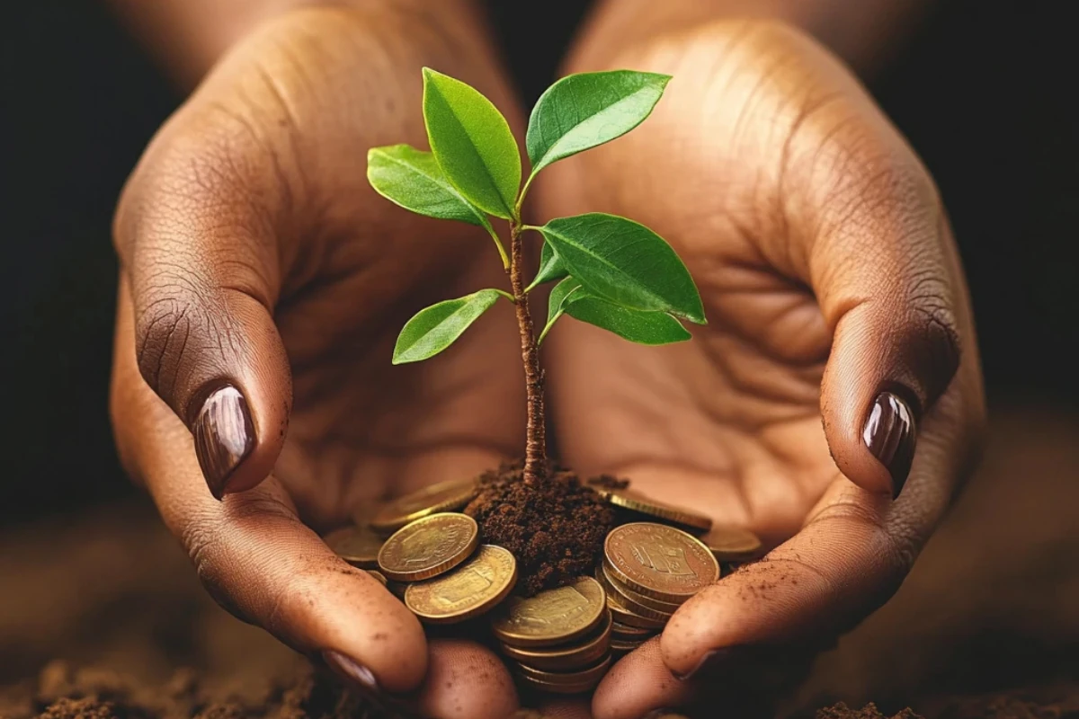 Hands cupping a small tree growing from a pile of coins, representing the nurturing of thoughts and actions to create lasting wealth and financial success.