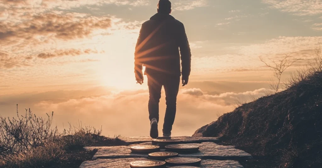 A man walking along a stone path paved with stacked coins, heading toward a bright sunset, symbolizing the journey toward financial freedom and prosperity.