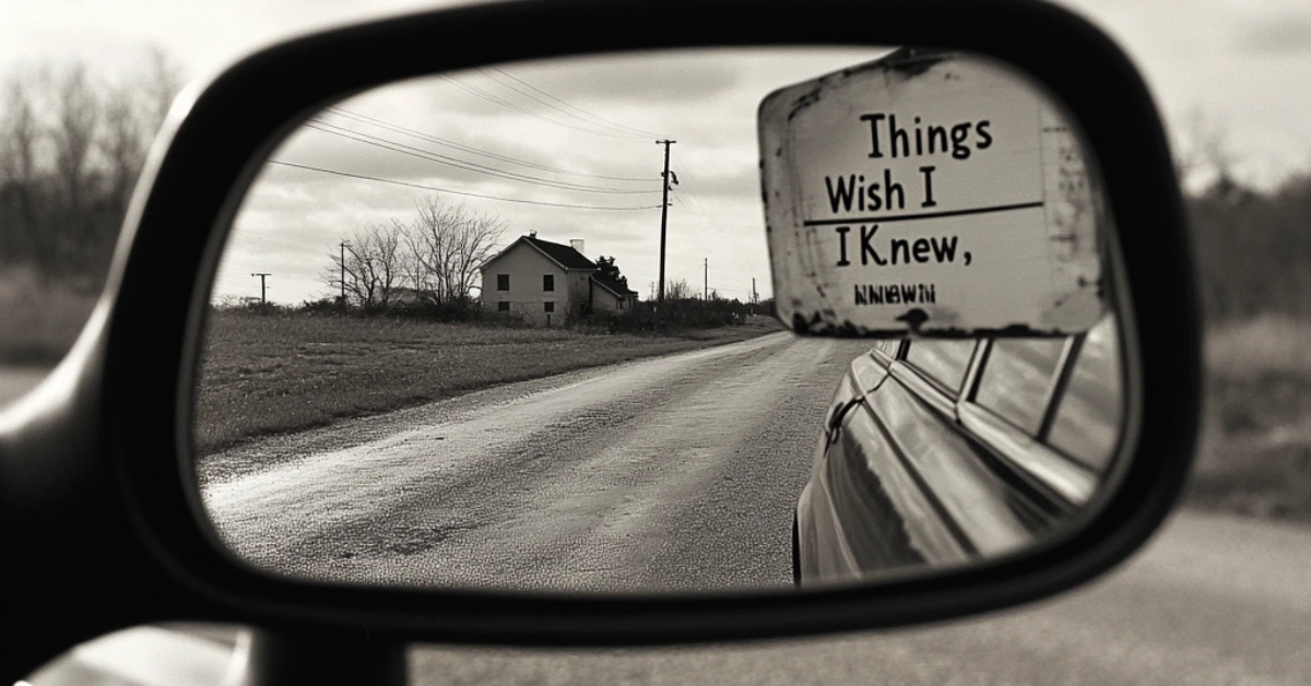Rearview mirror with 'Things I Wish I Knew' written, reflecting a journey on an empty road toward financial freedom.