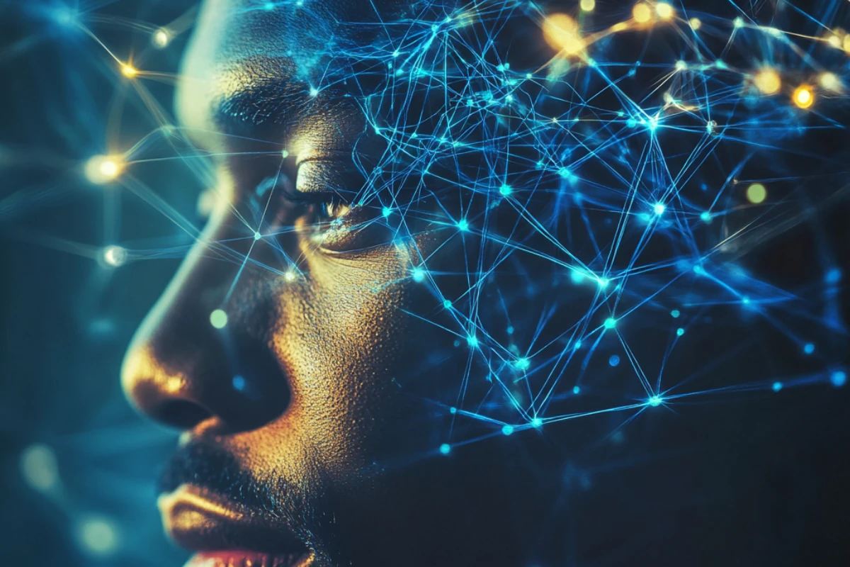 Close-up of a person with glowing neural connections representing the subconscious mind's power in shaping financial outcomes and wealth-building.
