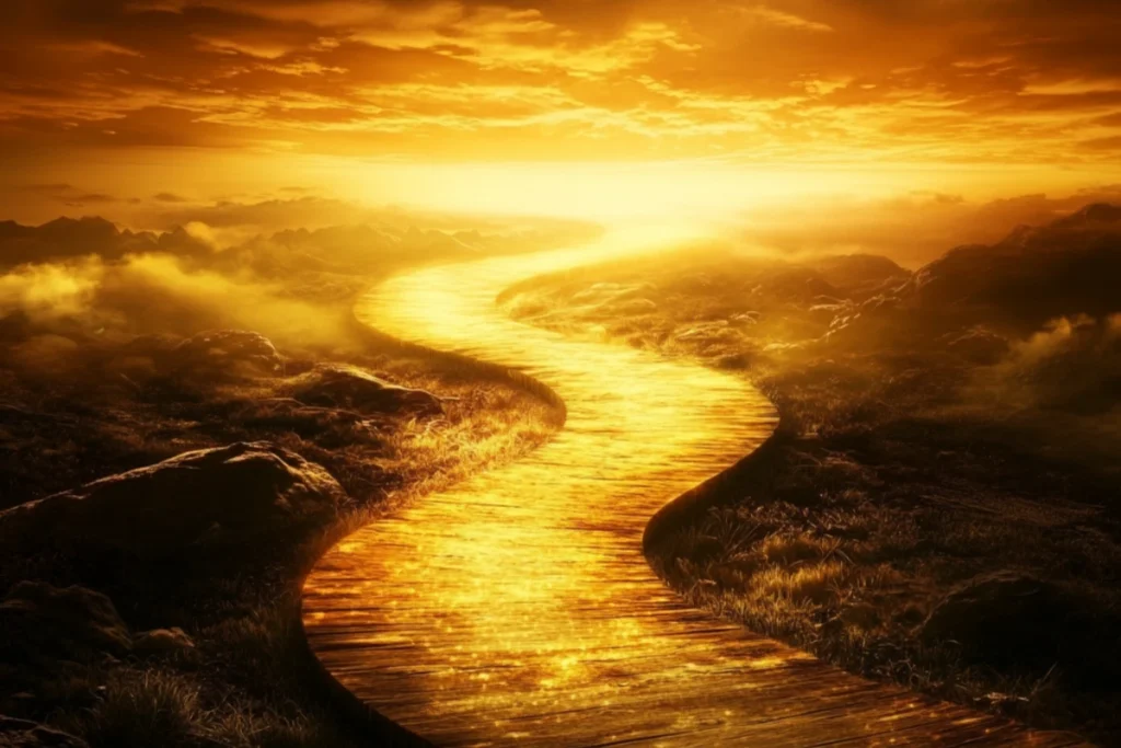 A glowing golden pathway winding through a serene landscape, symbolizing the journey to wealth and success.