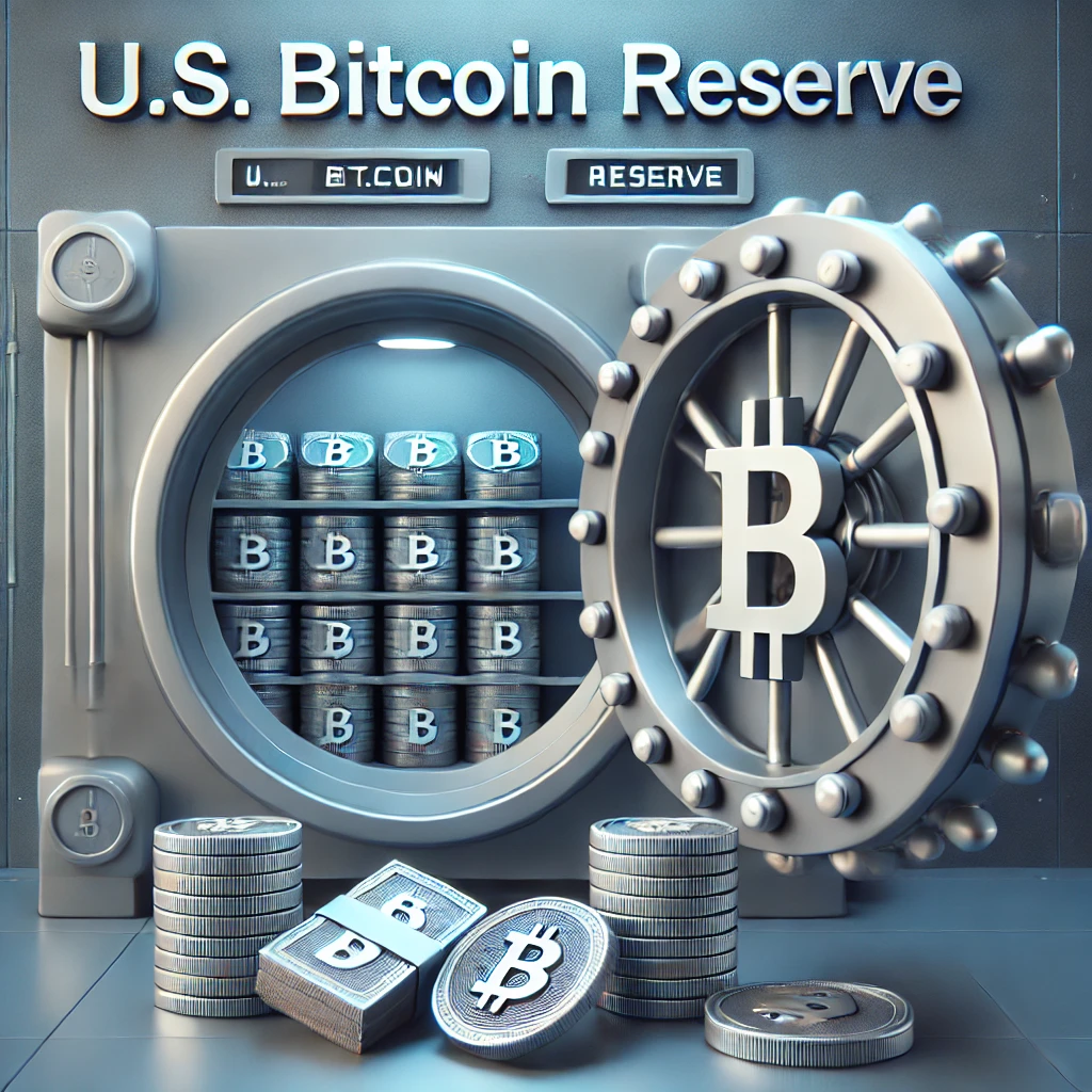 Futuristic vault labeled ‘U.S. Bitcoin Reserve’ with stacks of Bitcoin inside, symbolizing America’s strategic approach to cryptocurrency.