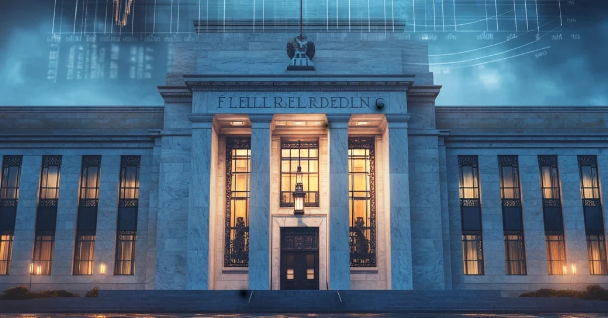 Federal Reserve building at twilight with a rising inflation graph overlay, symbolizing economic tension and inflationary impact.