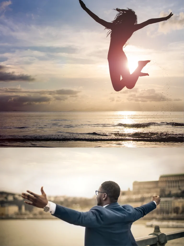 Individuals reaching exhilaration after achieving financial freedom.