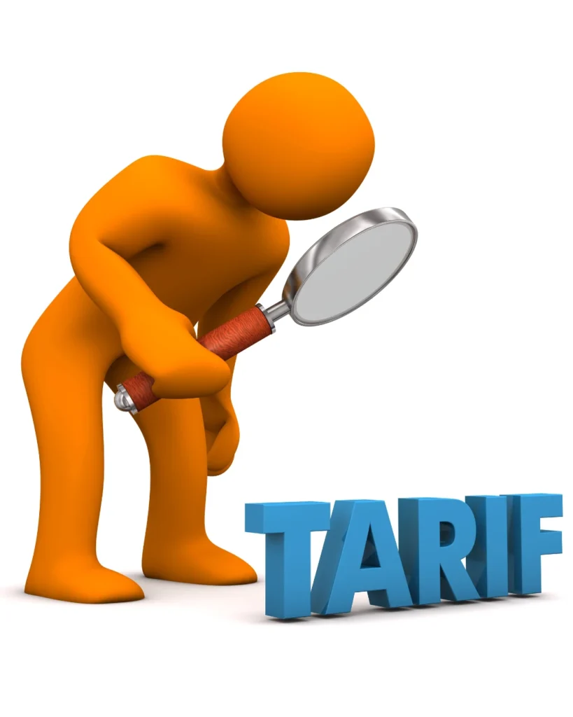 An orange figure examining the word "Tariff" with a magnifying glass, symbolizing understanding tariffs and the scrutiny of tariff policies.