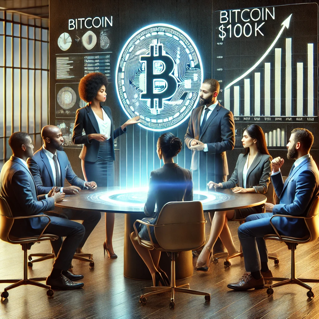 African American professionals collaborating in a modern office setting, discussing options as Bitcoin hits $100K milestone.