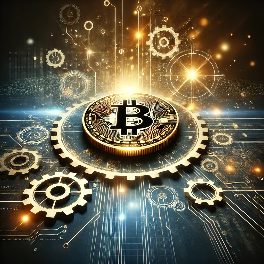 Bitcoin surrounded by gears and digital connections, symbolizing pro-crypto policies driving growth.  Bitcoin hits $100k