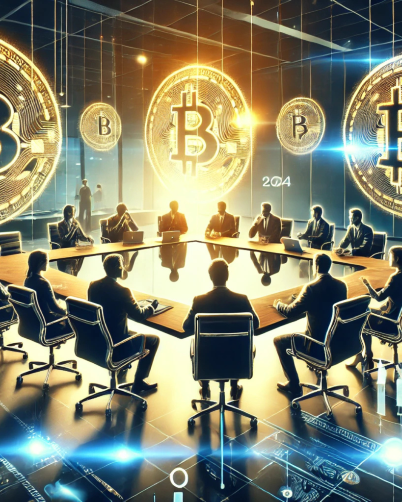 Institutional investors in a sleek boardroom surrounded by glowing Bitcoin symbols, representing strategic accumulation during Bitcoin Price Drop 2024.