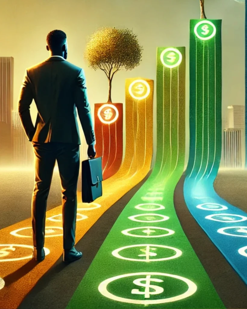 A visually striking illustration of a financial empowerment journey with an African American individual standing at the base of a symbolic pathway leading to a glowing skyline, representing generational wealth by reclaiming financial power. 