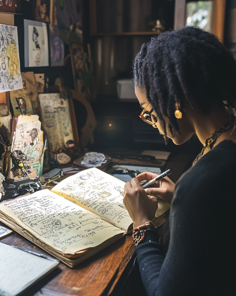 A vital key in lessons for building wealth. A woman working on a personal vision board, symbolizing identifying one’s Golden Circle and purpose in financial freedom