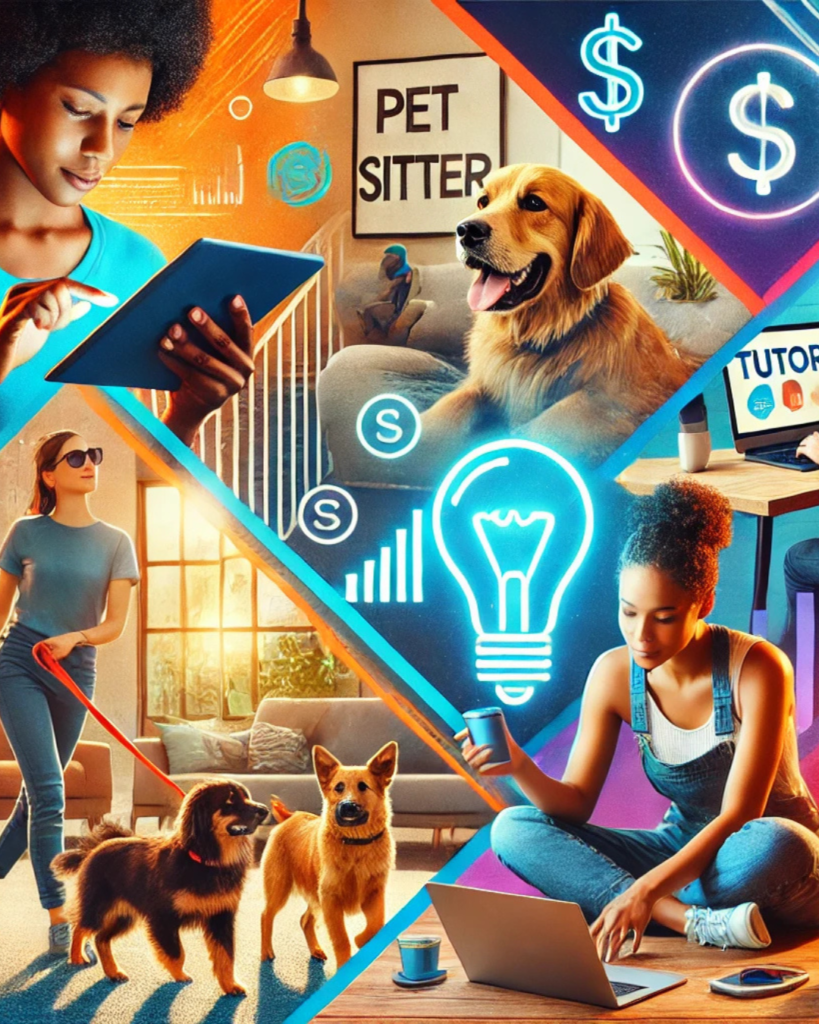 Best side hustles to start illustrated through a lively collage featuring activities like graphic design, pet sitting, tutoring, and freelance writing.