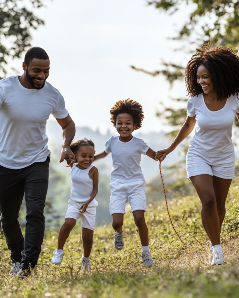 A family engaged in a healthy activity, symbolizing the health-wealth connection through preventive care