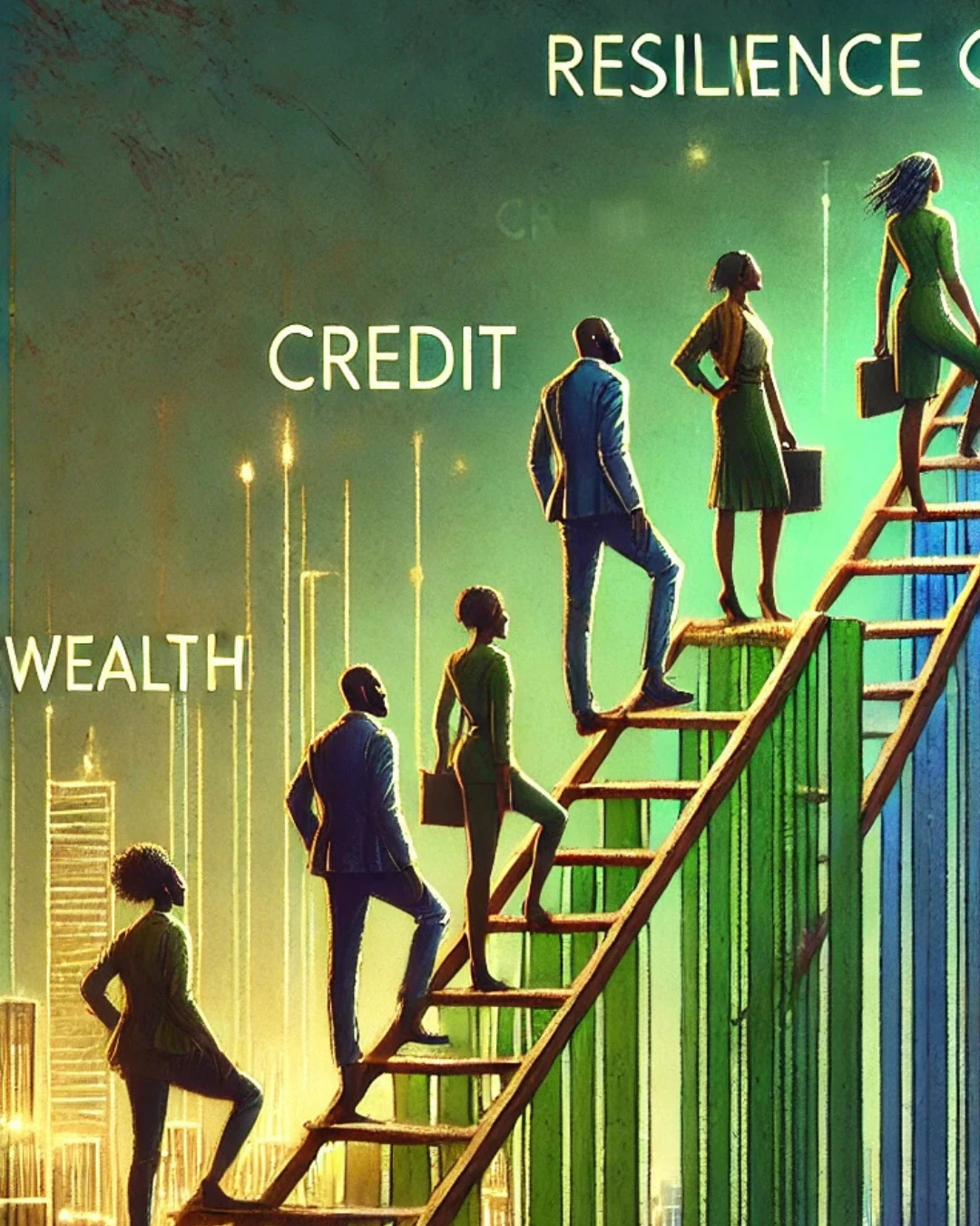 Diverse African American team climbing a metaphorical ladder labeled 'Resilience,' 'Credit,' and 'Wealth,' symbolizing unity and financial empowerment by reclaiming financial power.