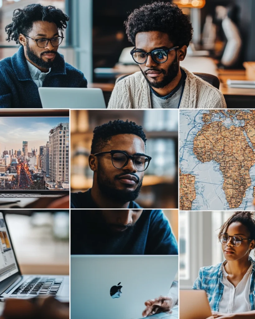 Collage of professionals at laptops, city views, and a map, demonstrating the global reach of the digital revolution.
