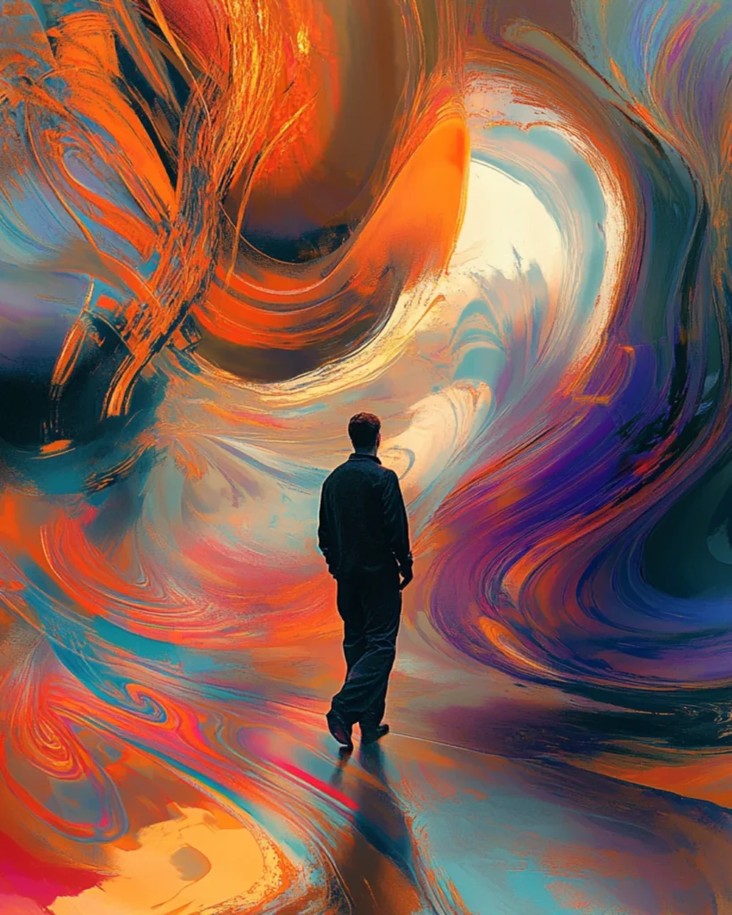 A lone figure stands amid vibrant abstract swirls, symbolizing the emotional whirlwind of a toxic workplace.