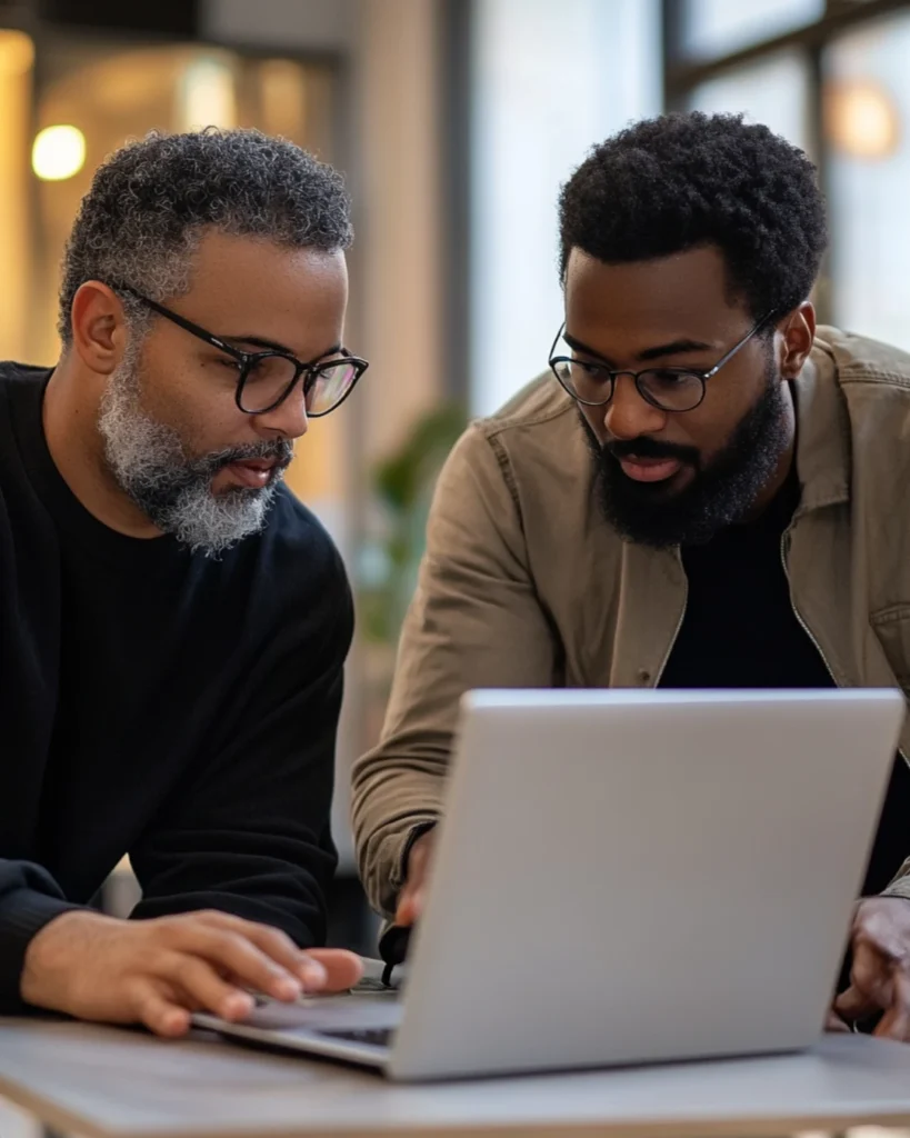 A mentor and an apprentice reviewing a laptop together, symbolizing the practical learning and guidance found in an entrepreneur apprenticeship.