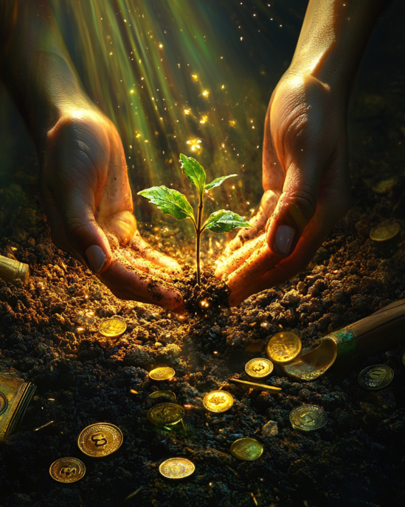 Hands cradling a glowing sprout emerging from the soil, surrounded by golden coins, symbolizing the growth that comes with Balancing a 9-to-5 with Entrepreneurship.