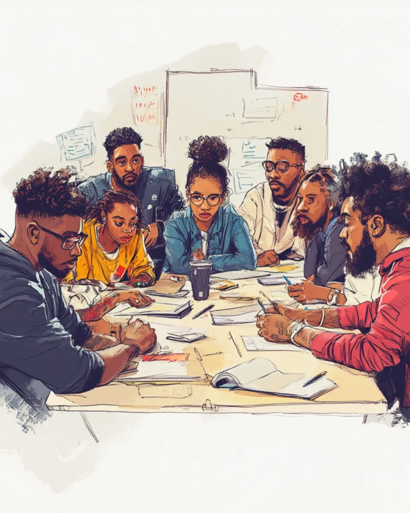 A diverse team of under 12 people huddled around a table, actively discussing ideas—representing an entrepreneur apprenticeship environment.
