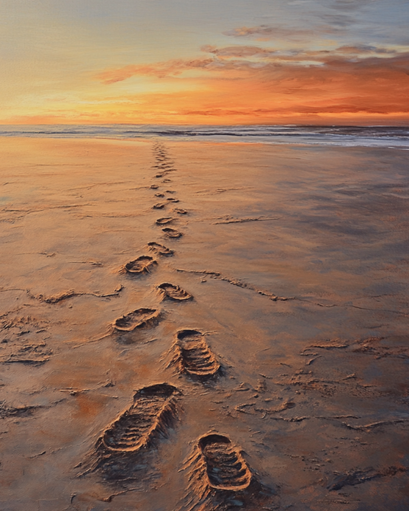 A close-up of a trail of footprints on a sandy beach, leading to a vibrant sunrise that represents Balancing a 9-to-5 with Entrepreneurship.
