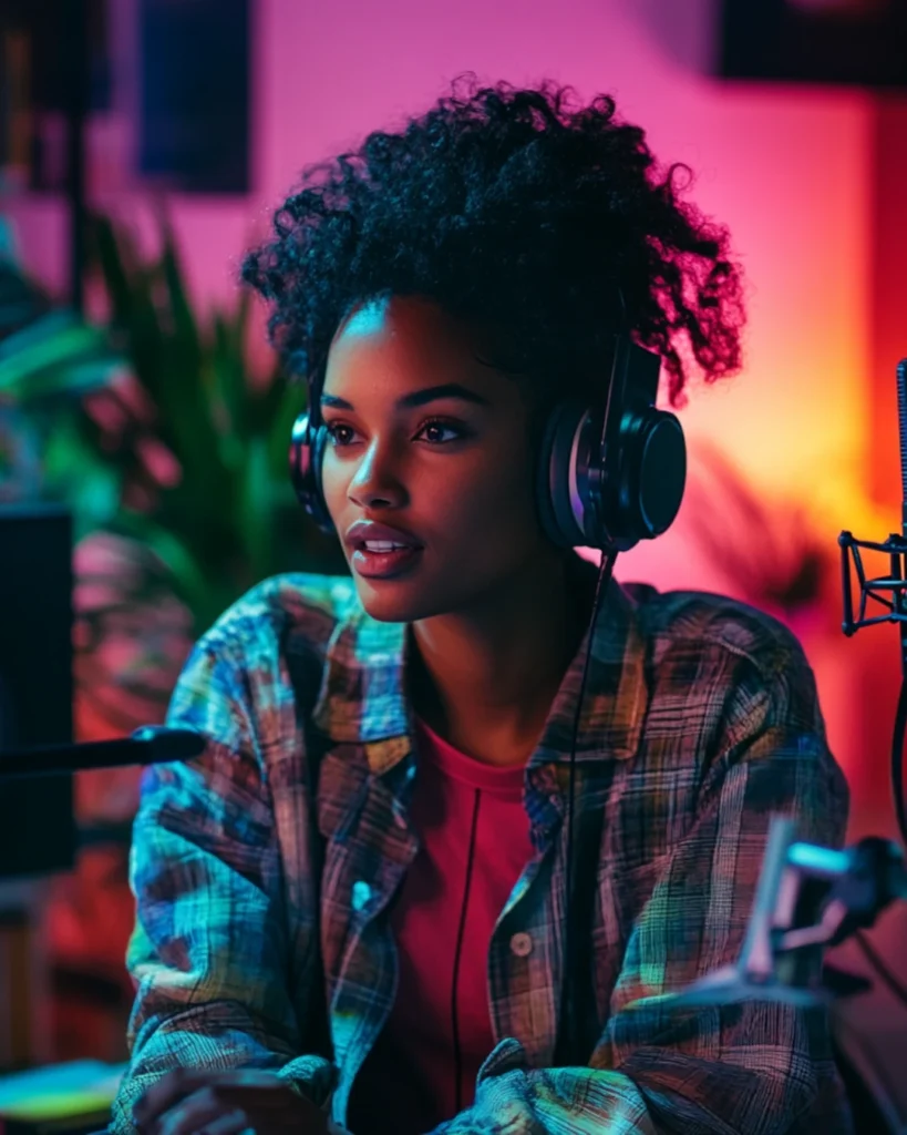 An African American woman in a plaid shirt wearing headphones and recording content, embodying the start of the 'Create vs. Consume' journey.
