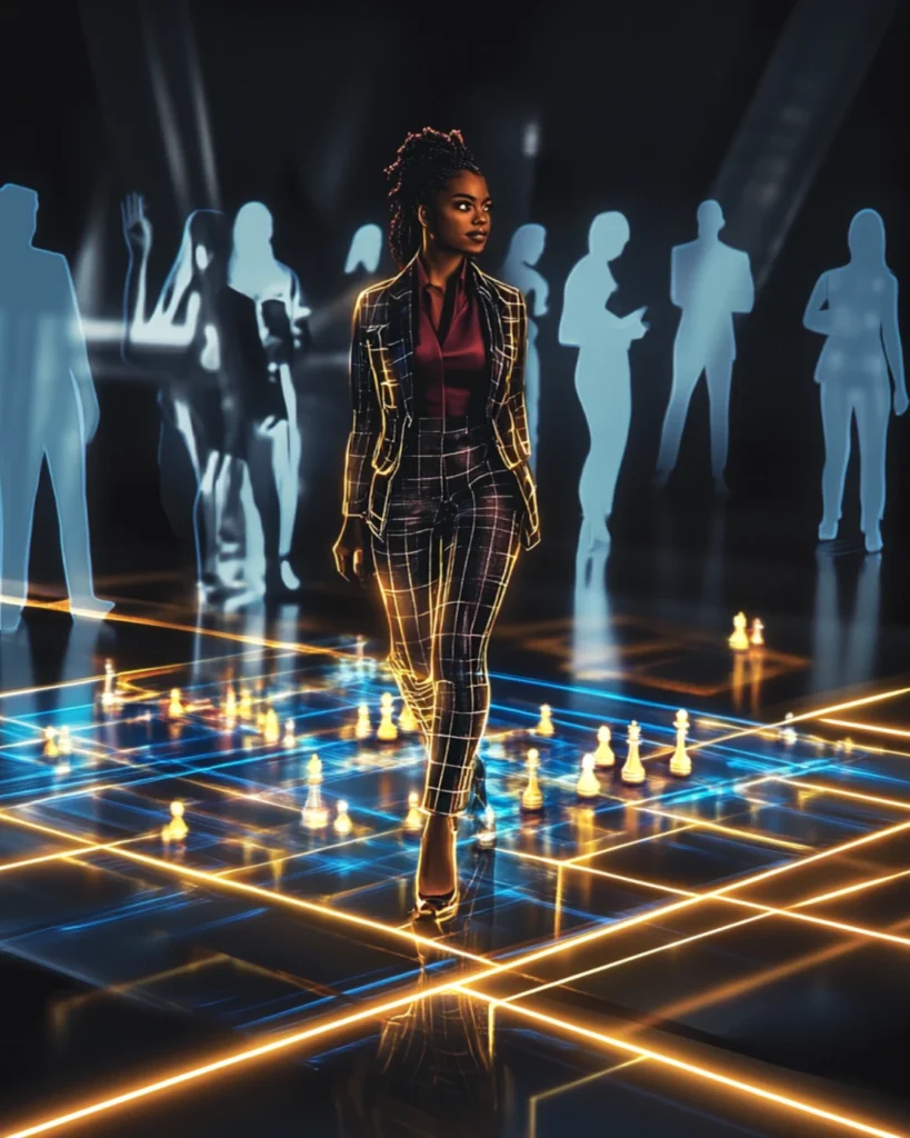 An African American woman confidently standing on a glowing chessboard, symbolizing strategic thinking and steps in the 'Create vs. Consume' journey.