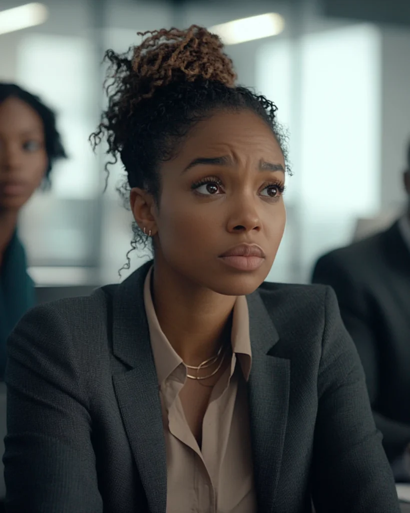 A concerned female professional in a business suit while two colleagues behind her symbolize a toxic workplace environment.