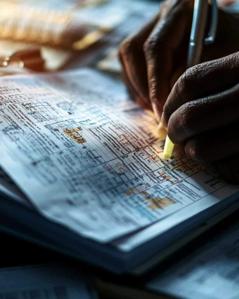 Close-up of hands reviewing and highlighting printed tax returns, emphasizing the need to analyze past financial data for an effective tax strategy.