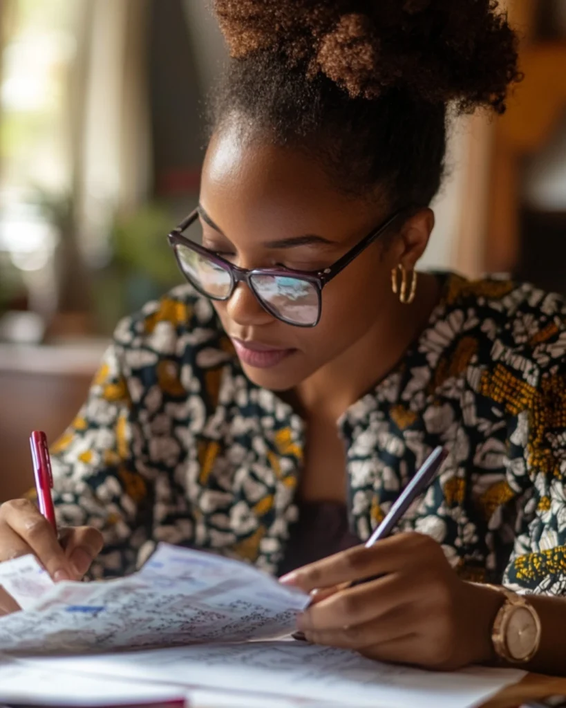 Woman with glasses taking notes on credit documents, planning how to improve your credit fast.