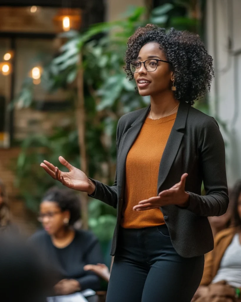 Black female entrepreneur presenting in a modern, plant-filled coworking space, demonstrating personal brand frameworks through public speaking.