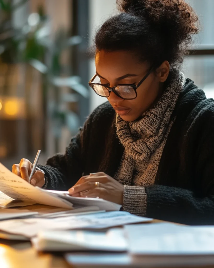 Focused woman reviewing mail responses from credit reporting agencies and logging them in her calendar, important steps to improve your credit fast.