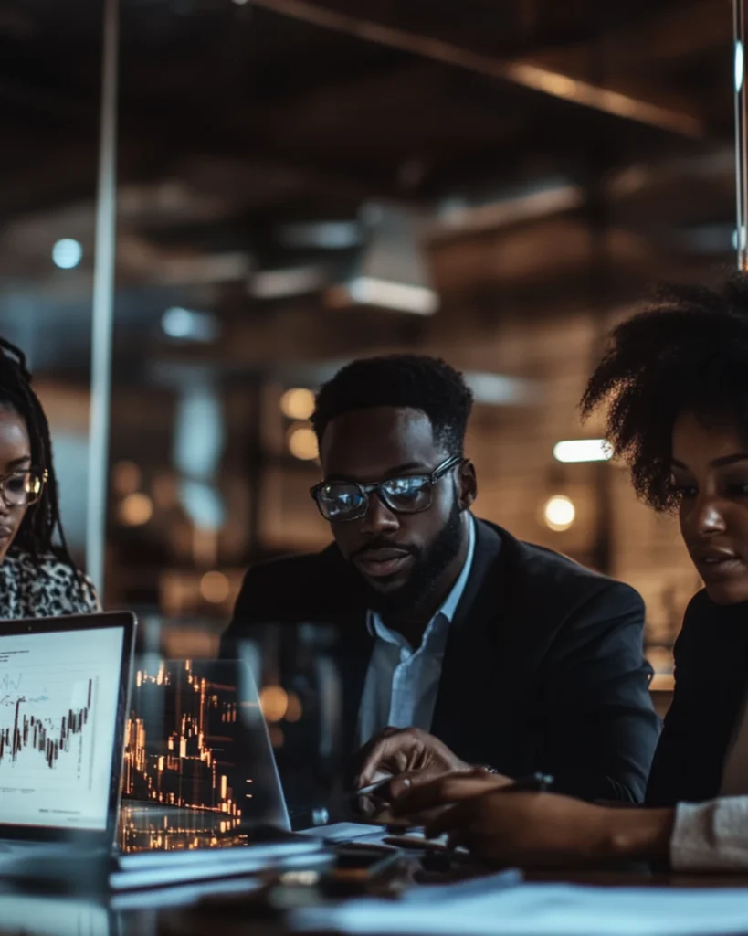 Diverse team of financial advisors collaborating over charts and documents in a modern meeting room, symbolizing the importance of building a trusted financial team for your tax strategy.