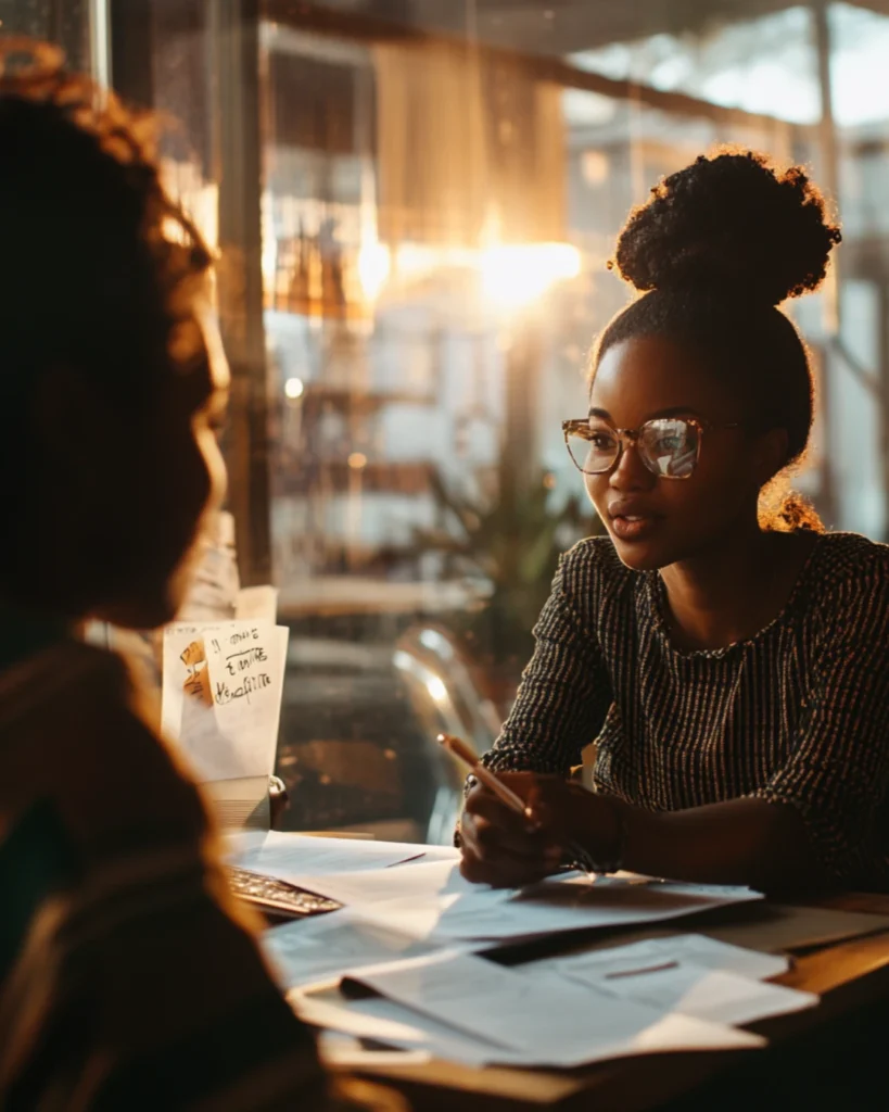 African American woman consulting with tax strategist about importance of tracking expenses.