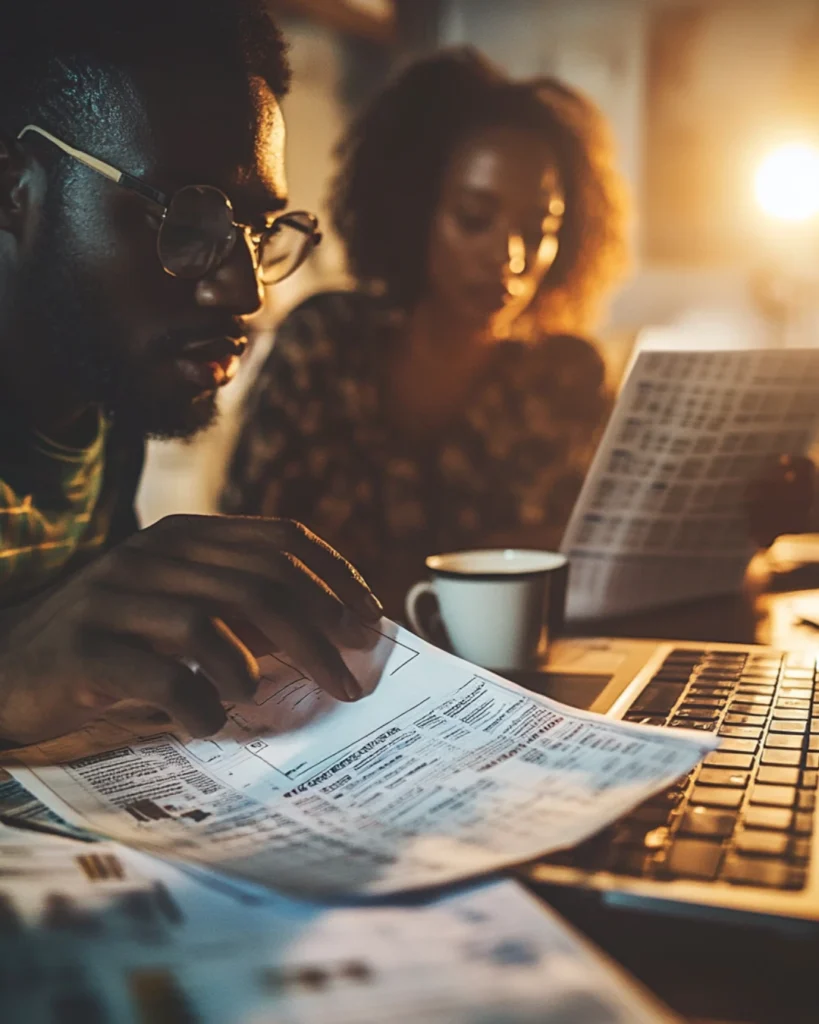 Close-up of an African American man and Neapolitan woman reviewing tax documents and digital spreadsheets, showcasing the detailed work of a dedicated tax strategist.