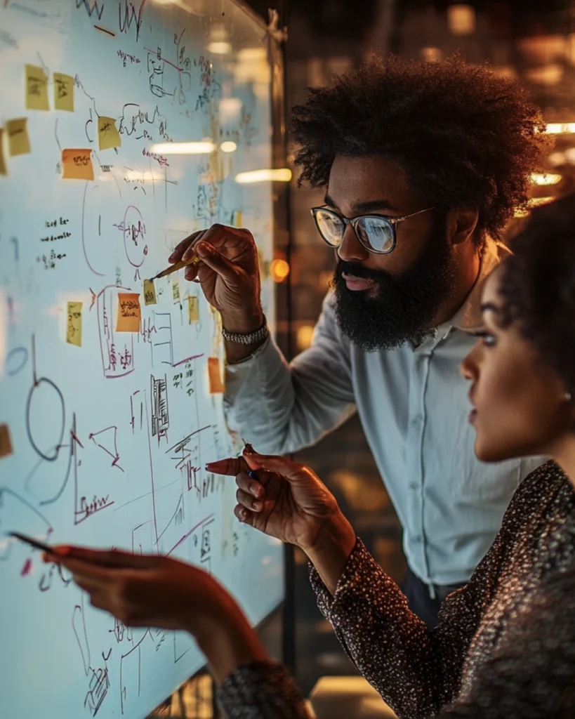 A team strategy session around a whiteboard filled with tax planning charts and ideas, illustrating the collaborative insights of a tax strategist.