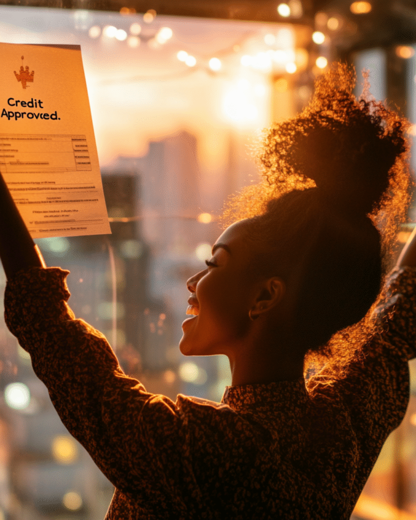 Smiling Black and Napoli woman holding up a credit approval notice at sunset, celebrating her credit clean success.