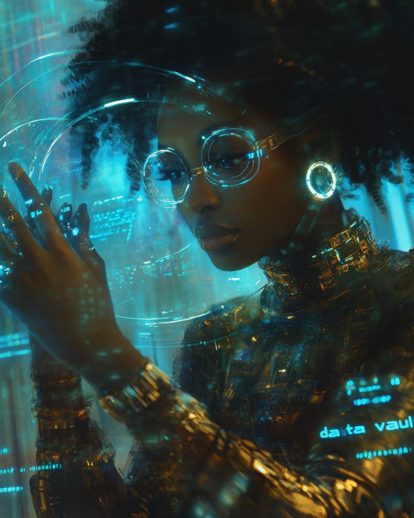 Woman in futuristic gear surrounded by digital data, symbolizing deep credit clean data dive