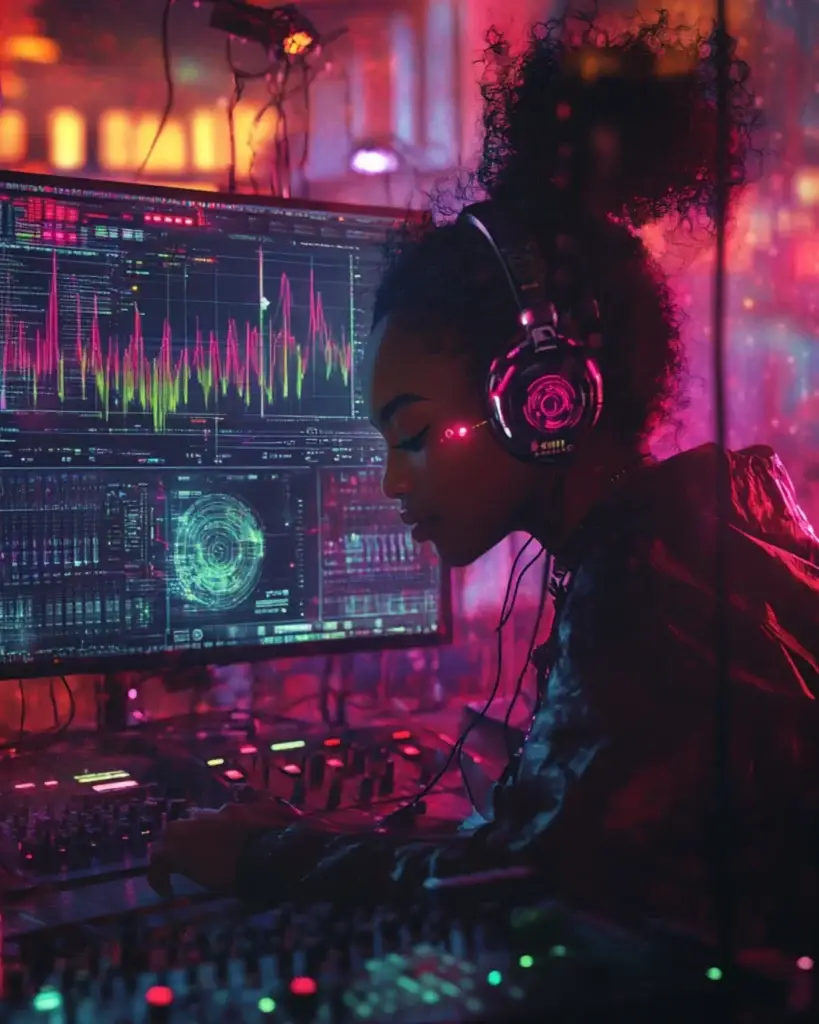 Black Creators and AI in a futuristic digital DJ booth with neon lights, AI music software, and high-tech audio setup