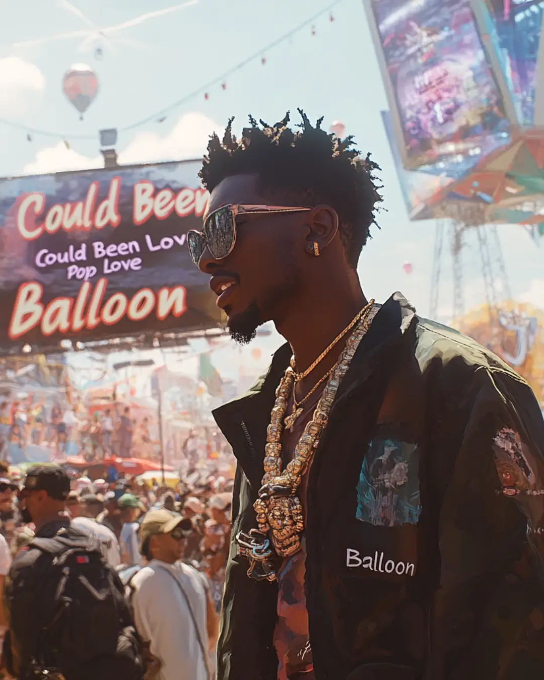 Black Creators and AI featured at vibrant outdoor summer festival with digital billboards and hip-hop techwear
