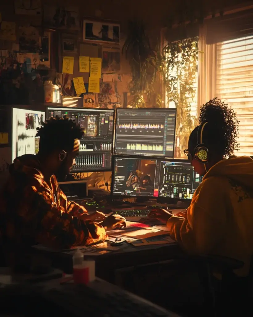 Black Creators and AI editing short-form video content in a DIY home studio with multiple screens and golden-hour light