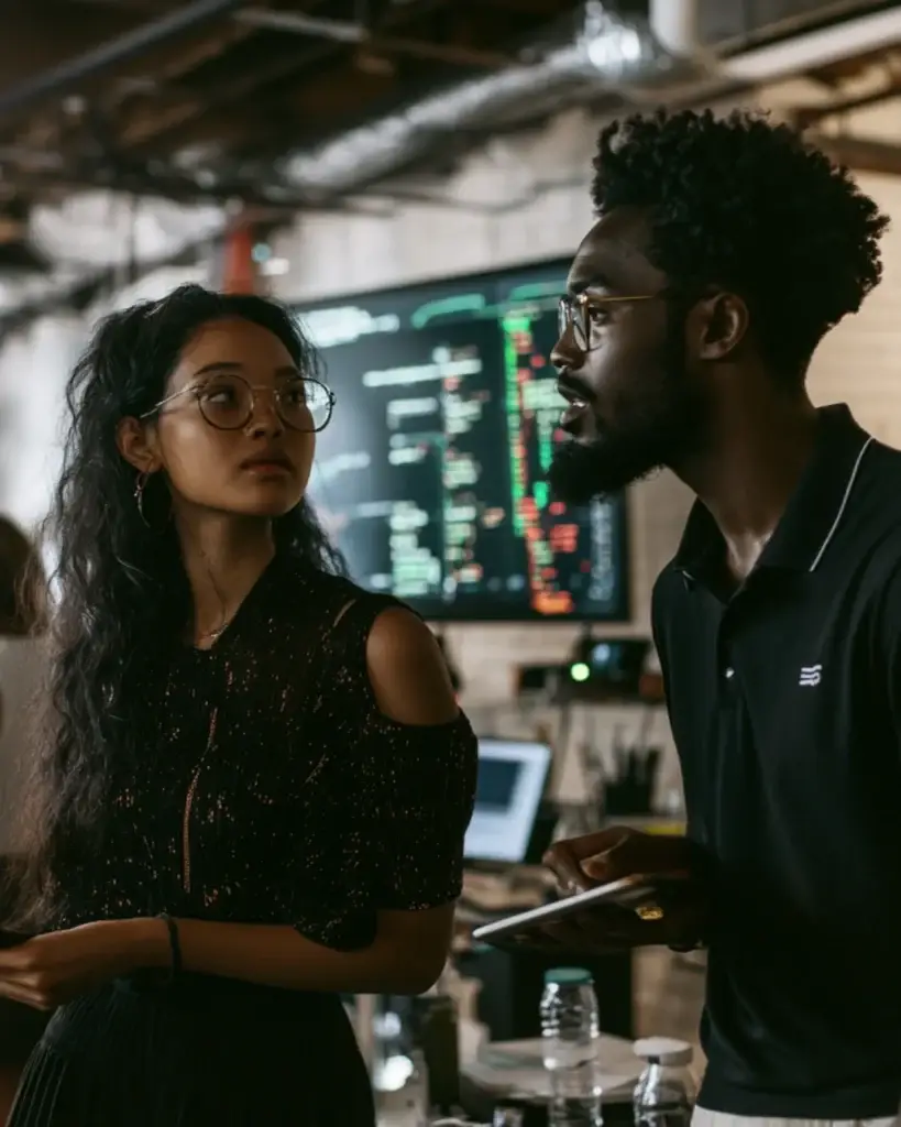 AI for business growth in action inside a modern tech office with collaborative teamwork