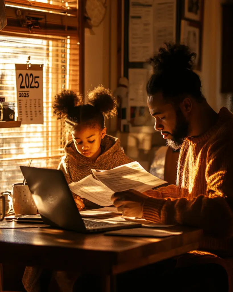 A father and daughter seated at a table, reviewing documents and looking at a laptop, with a 2025 calendar visible in the background, illuminated by warm sunlight.
