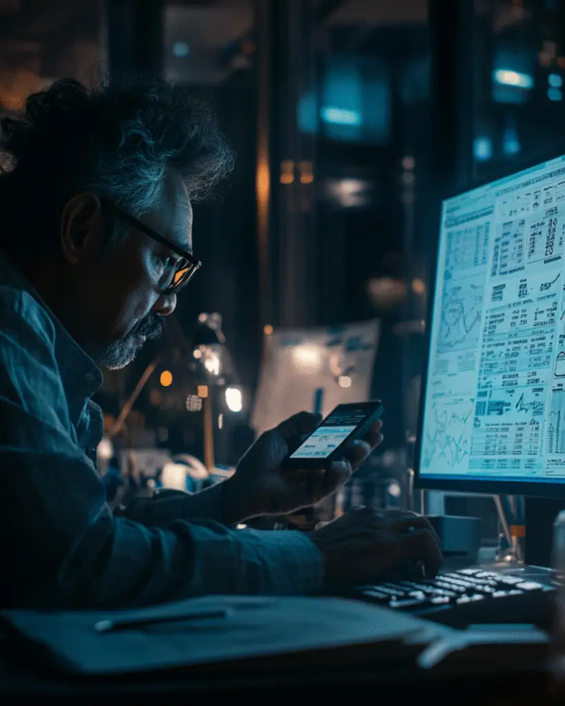 A person working late at a desk, using a smartphone in one hand and typing on a keyboard while looking at financial data displayed on a computer monitor.