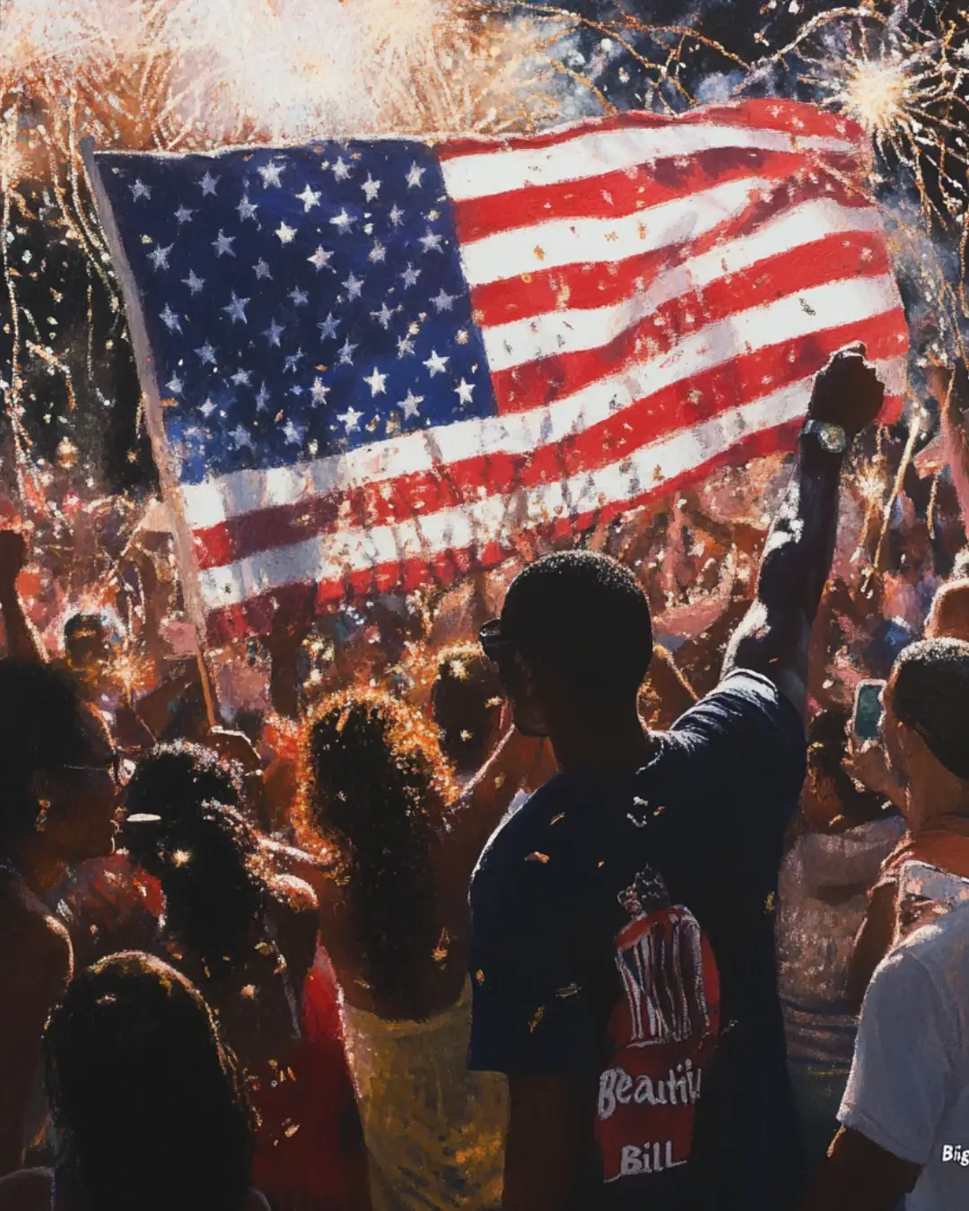 Americans celebrating with the flag and fireworks for the Big Beautiful Bill